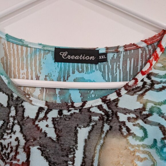 Creation Flocked 3/4 Sleeve Blouse with Pocket Turquoise Brown Rust Size XXL - Picture 3 of 6